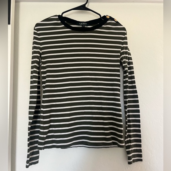 Lauren Ralph Lauren Ribbed Green Striped Long Sleeve Top Gold Buttons Petite - Picture 1 of 5